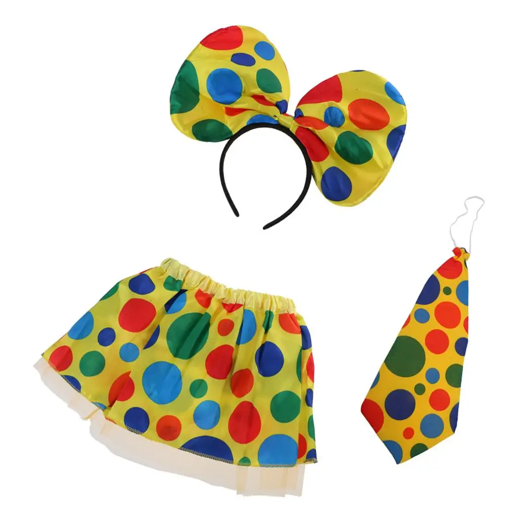 Clown-Narrester-Kostüm-Set mit gepunktetem Rock, Stirnband und Krawatte für Halloween, Neujahrsparty und Tanzaufführungen