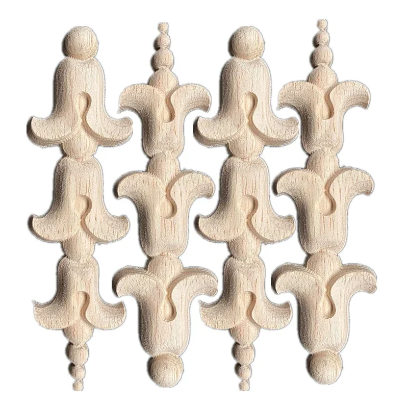 4PCS Decoration Accessories Solid Wood Applique Carved Flower Wood Mouldings Woodcarving Furniture Vintage Home Horn Flower