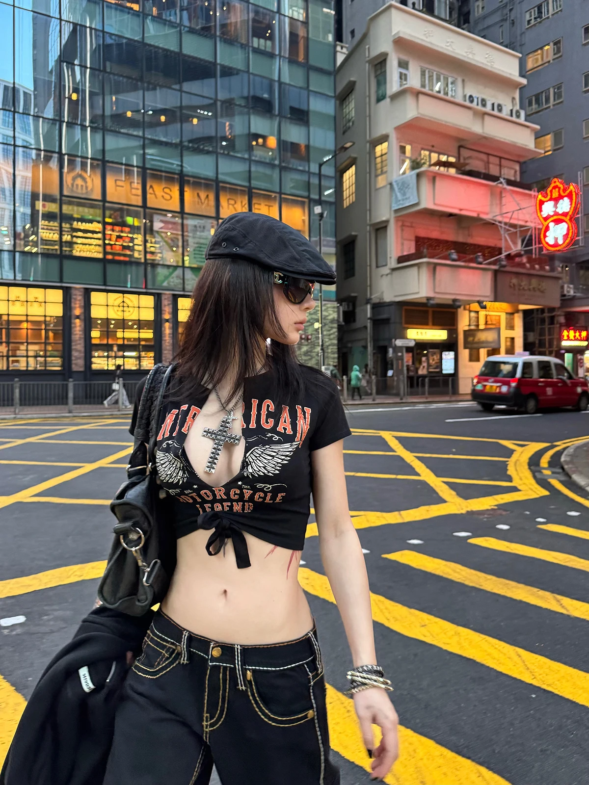 

ICVIBE Punk Flavor Vintage Color Wing Print Crop Top Women's Slim Fit Low Waist Cotton ort Sve V-Ne Tee Faion Ladies