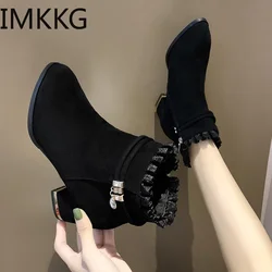 Women's Ankle Boots Ruffles Lace Winter Short Boot Evening Party Lady Elegant High Heel Shoes England Style Botas Warm