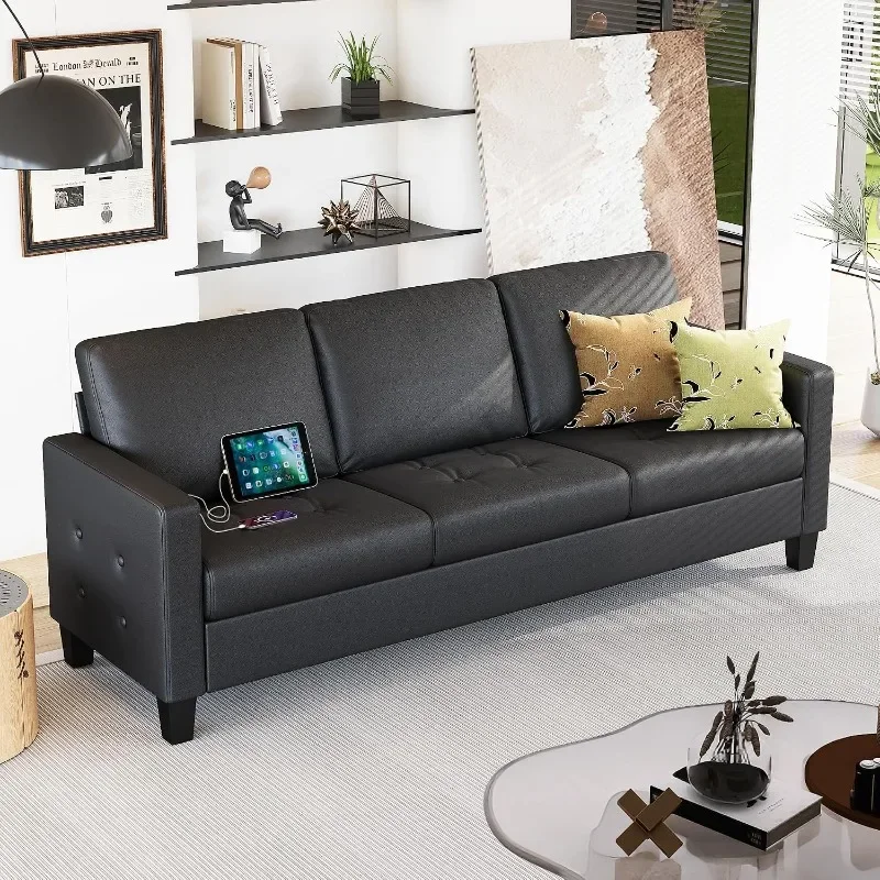 STHOUYN Faux Leather Sofa Couch Modern Comfy Office Couch Loveseat with Tufted Armrest and USB Small Love Seat Couches for