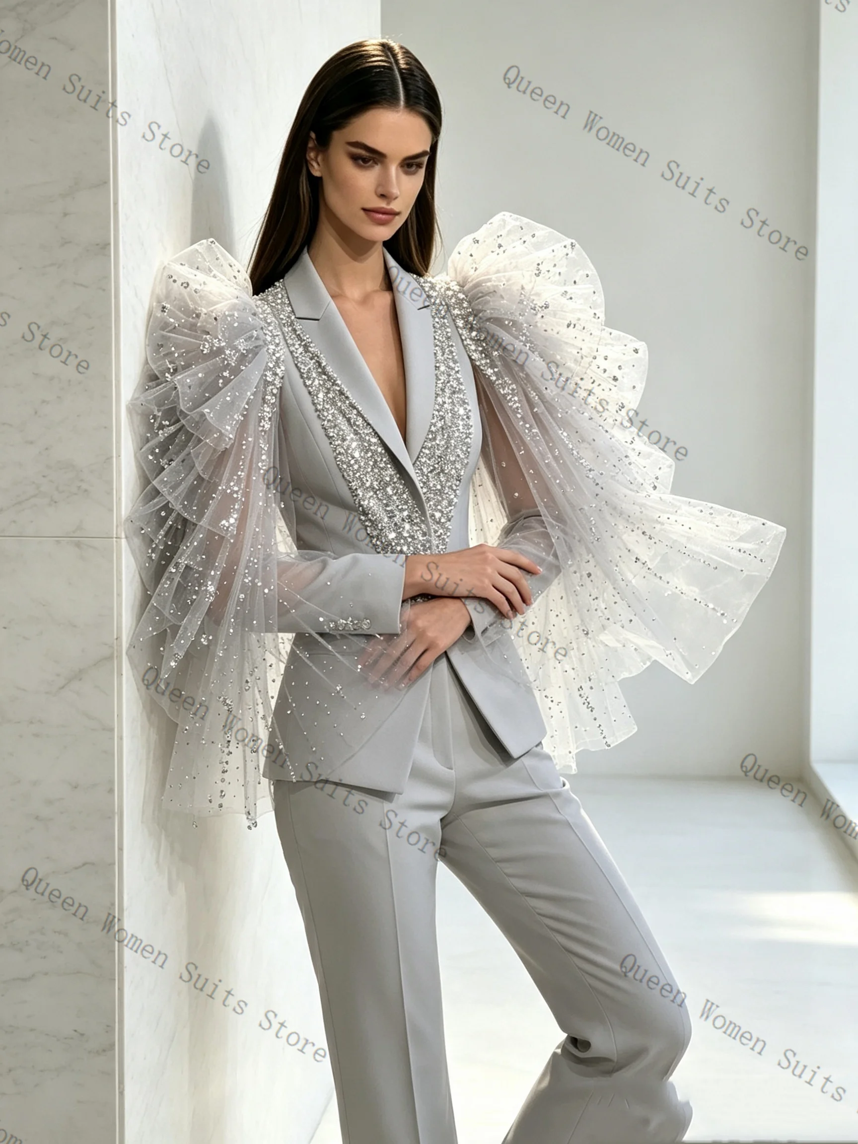 Silver Luxury Crystal Women Suit Set 2 Pcs Blazer Pants Puffy Sleeves Business Office Lady Cotton Jacket Wedding Coat Customized