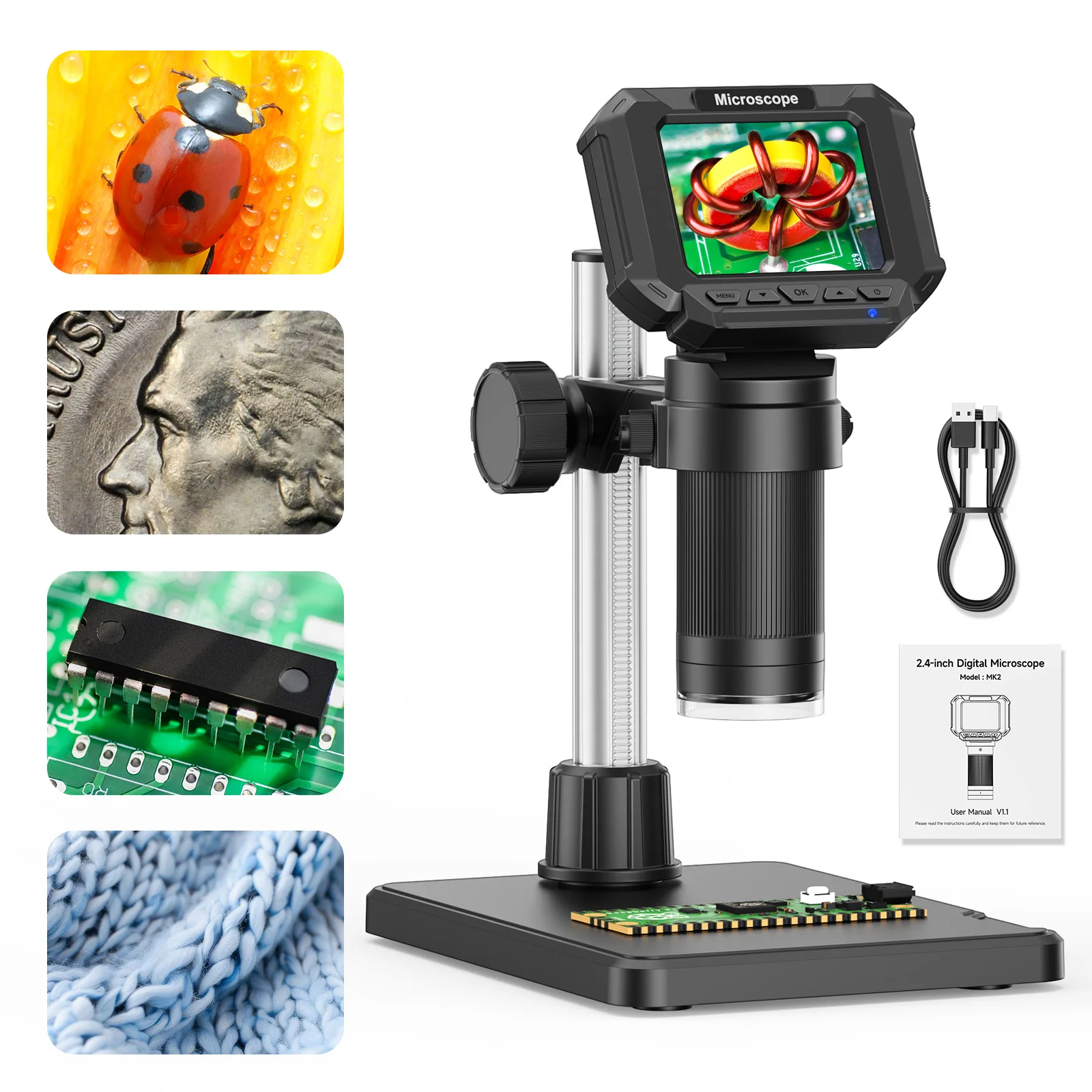 Digital Microscope 2.4inch USB Microscope for Electronic, Edcation, Repair, Coins 1000X Microscope Camera with 8 LEDs, PC View