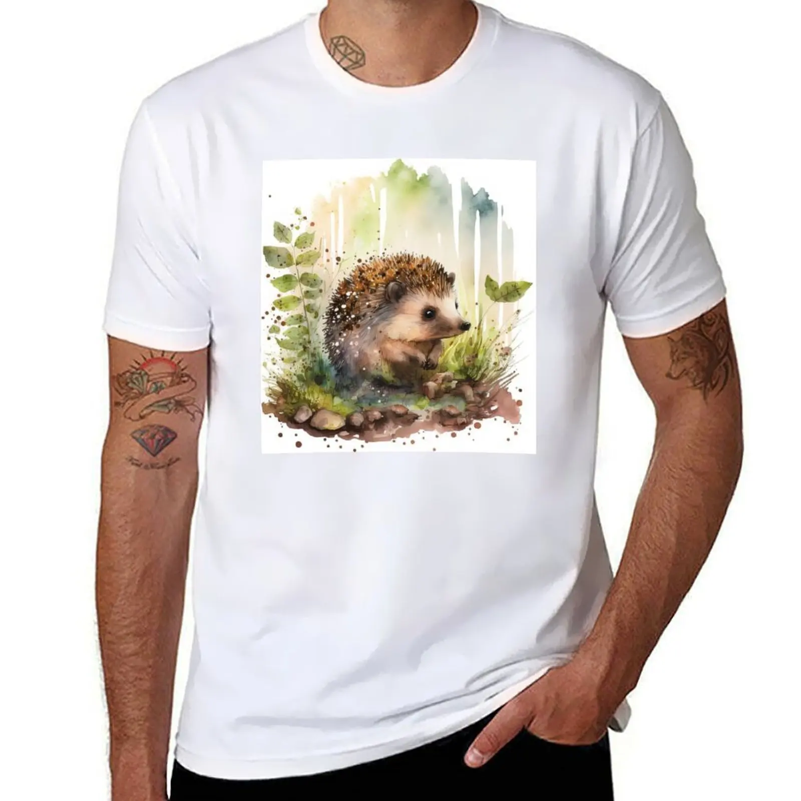 

Watercolor Cute Baby Hedgehog Sitting in the Grass, Colorful Hedgehog Piglet T-Shirt anime t shirts oversize T-Shirt