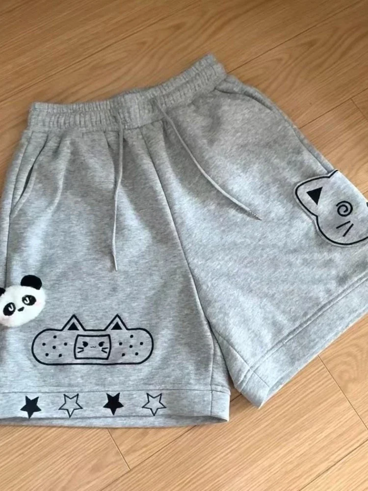 HOUZHOU pantalones cortos de estilo japonés Kawaii para mujer, pantalones cortos con bordado de gato de Anime, pantalones cortos de pierna ancha