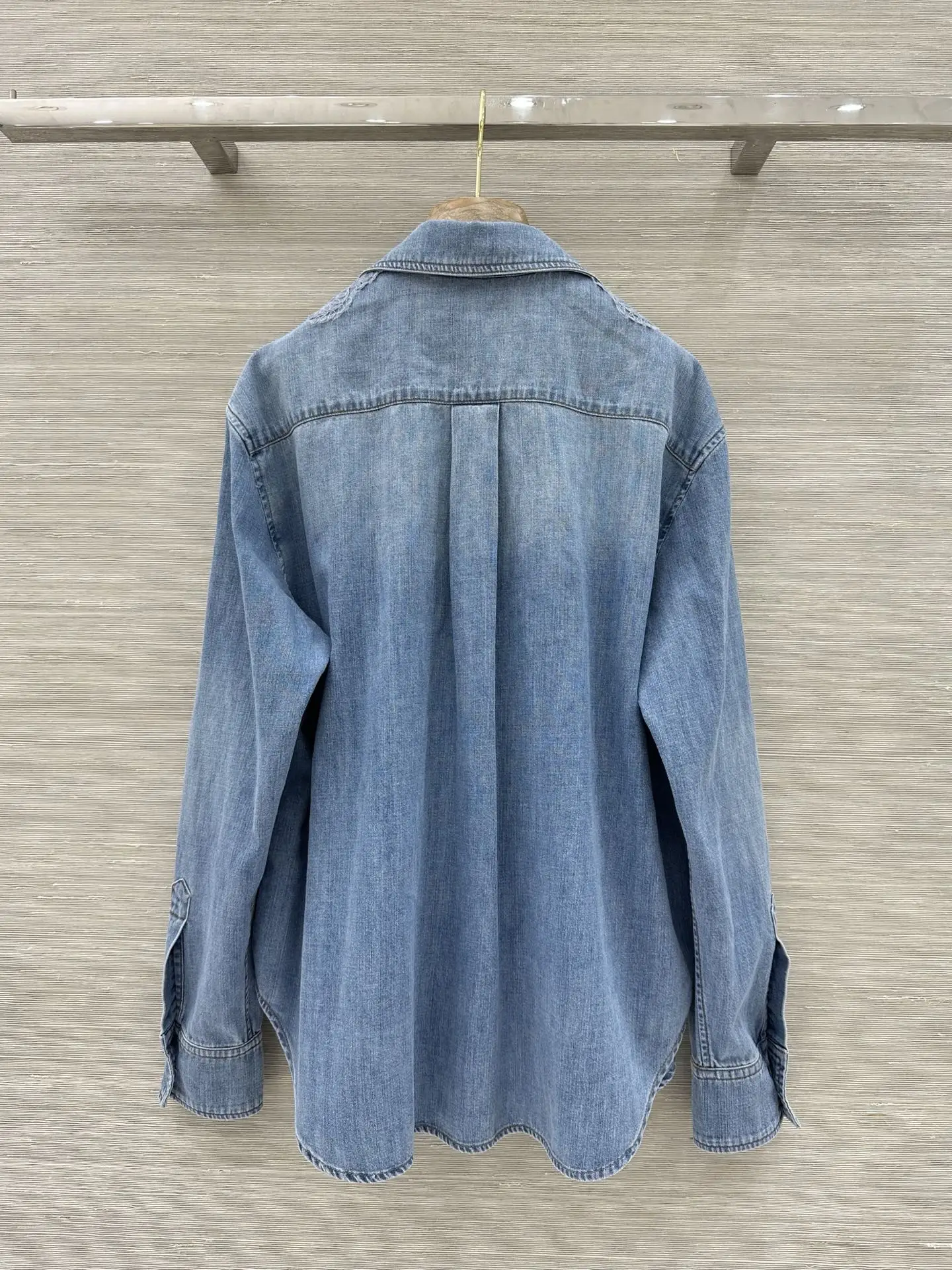2026 Women Flower Beaded Denim Shirt Lace Spliced Single Breasted Long Sleeve Turn-down Collar Fashion Blouse ﻿
