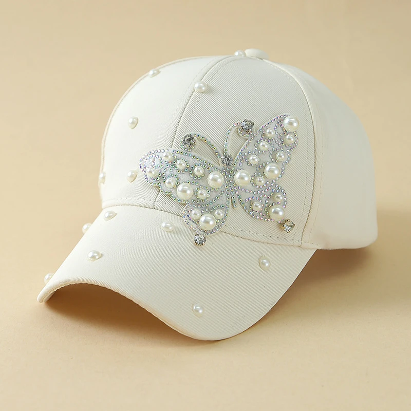 Butterfly Pearl Duck Tongue Cap Summer Rhinestone Baseball Hat Outdoor Sun Protection Sunscreen Cross-border Wholesale Fashion C