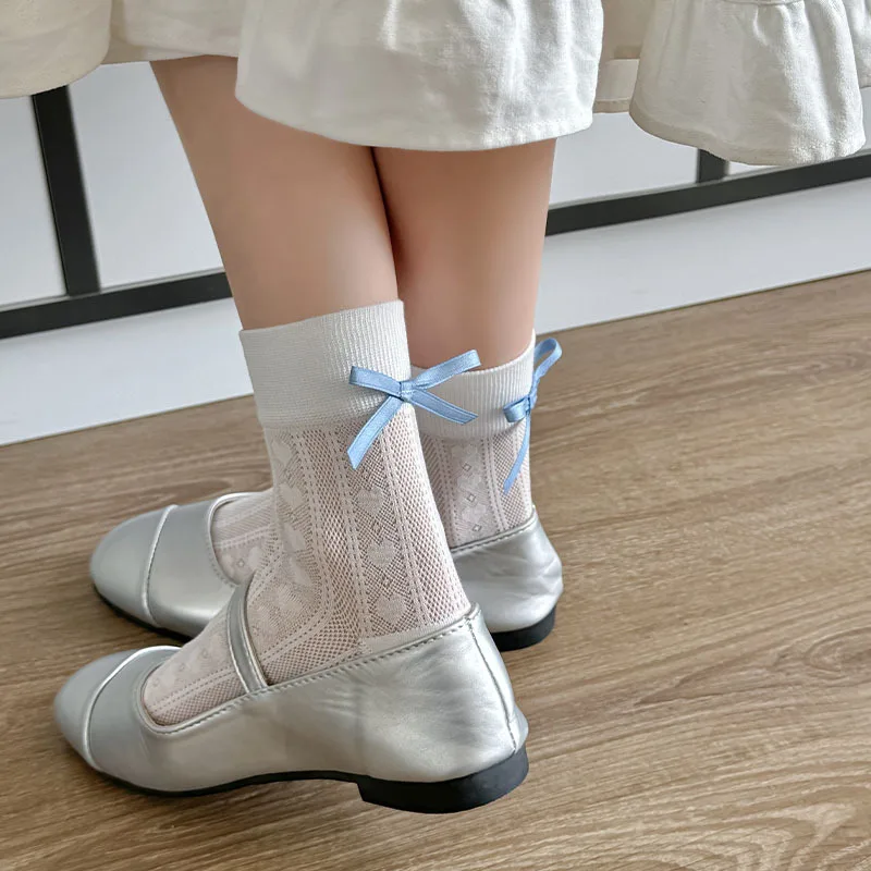 

Kawaii Socks Women Heart Hollow Out Summer Mesh Thin Breathable Elastic Long Socks Bowknot JK Girl Lolita Cute Middle Tube Socks