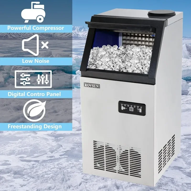 Máquina para hacer hielo comercial de acero inoxidable ROVSUN, hace 110 libras/24 horas, almacenamiento de 24 libras, debajo del mostrador/automática independiente