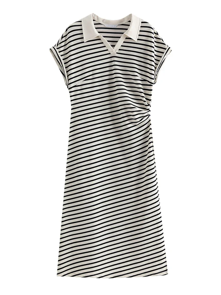 DUSHU Polo Neck abito lungo donna estate sottile nero bianco Stripe abiti manica corta Design pieghettato t-shirt Dress 24 ds82741