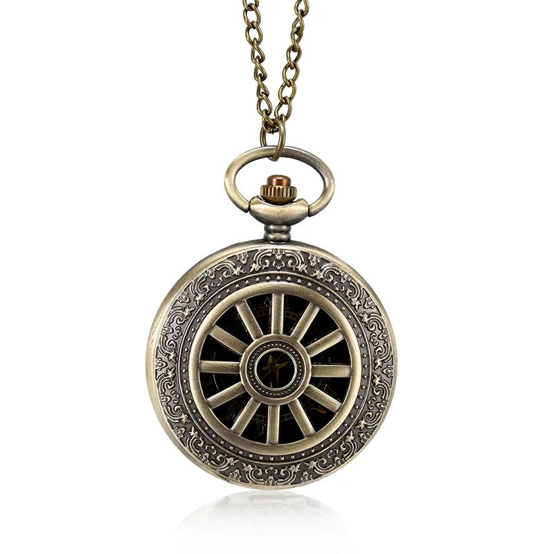 ساعة جيب ذات عجلة مجوفة كلاسيكية قطعة واحدة من ساعة جيب كوارتز برونزية وأرقام رومانية مزودة بعجلة مجوفة مع سلسلة #2
