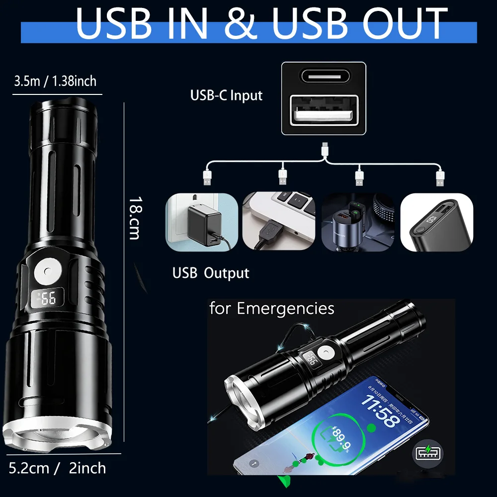 1000000LM Powerful LED Flashlight High Lumen USB Rechargeable Tactical Torch Safety Lock Hand Lantern For Camping Hiking Fishing