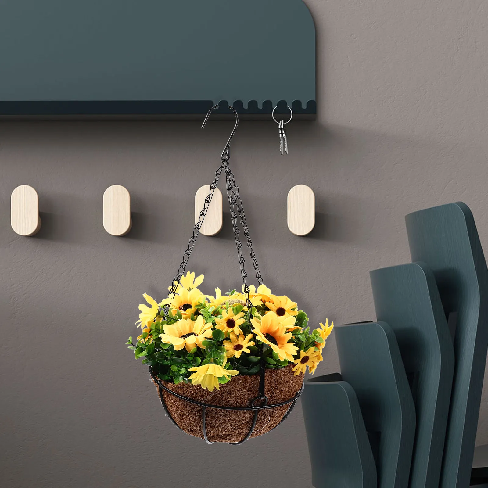 

Sturdy Hanging Flower Basket with Artificial Flowers Made of Iron Plastic Coir Wear Resistant Garden Decor Outdoor Yard Indoor