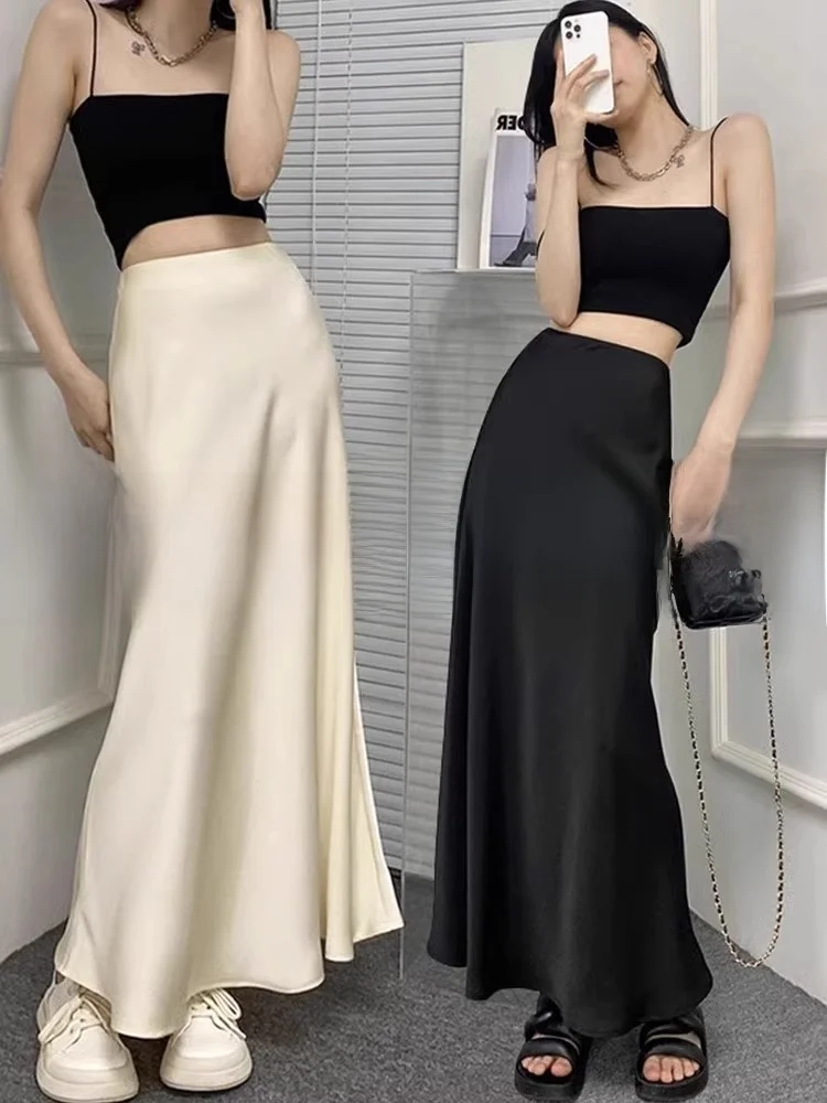 

Ele Acetate Satin Fi Tail Skirt Midi f Skirt Women's Winter Tall A-Line Wrap Body Skirt Flounce Hem Ci Commute