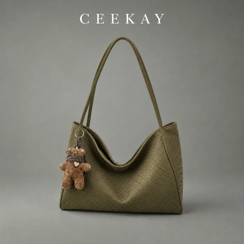 CEEKAY Olive Woven Leather Shoulder Shopper Bag Twin Strap Teddy Charm V Shape Minimalist Daily Commute Roomy Elegant Women