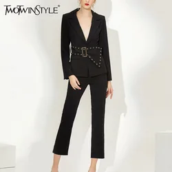 TWOTWINSTYLE Slim Two Piece Set For Women Notched Collar Long Sleeve Patchwork Belt Top High Waist Pant Temperament Sets Female