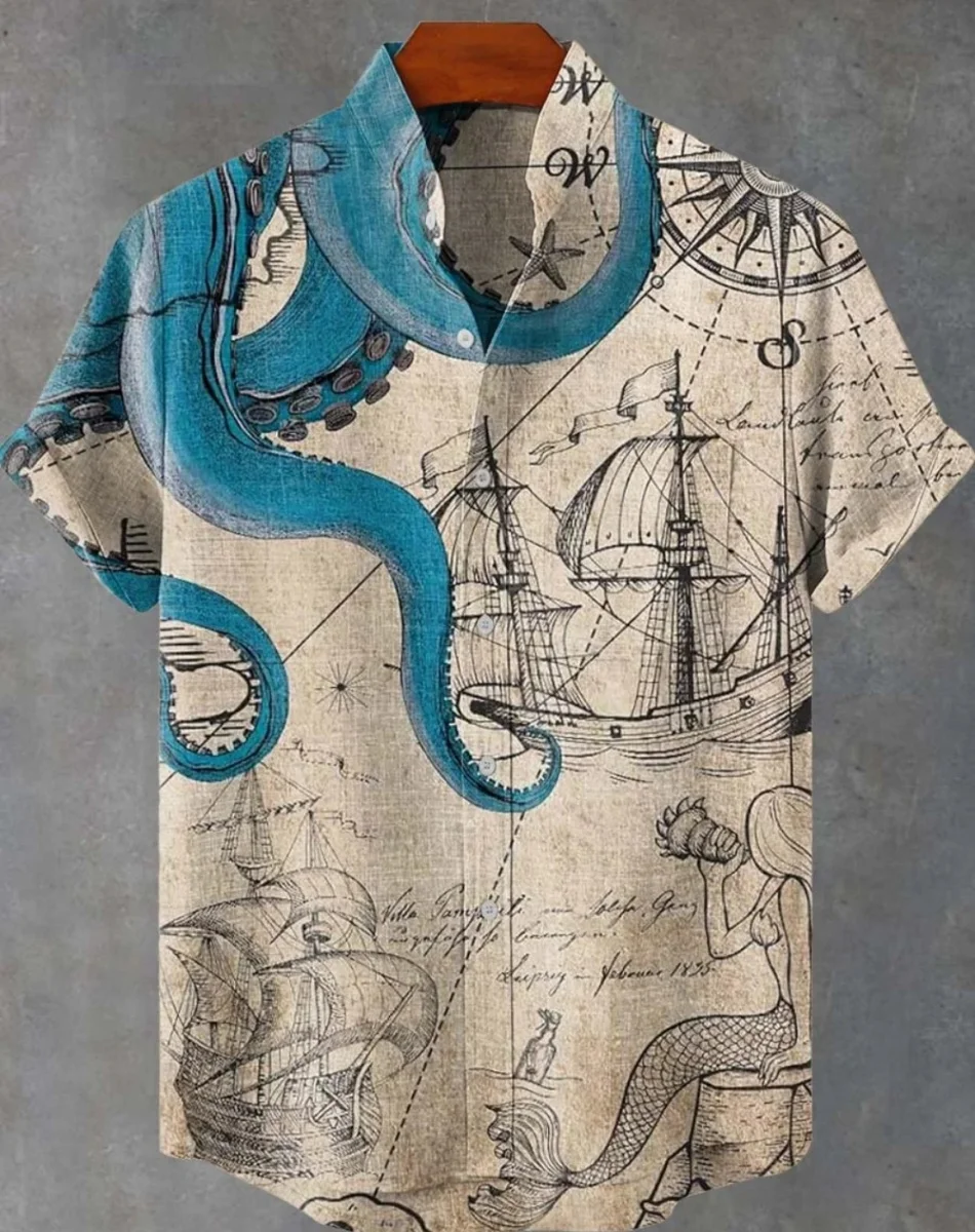 男性用のリネン生地のフィッシュとタコのプリントが施されたカジュアルな半袖シャツ、フェスティバルスタイル、ヴィンテージスタイル、l