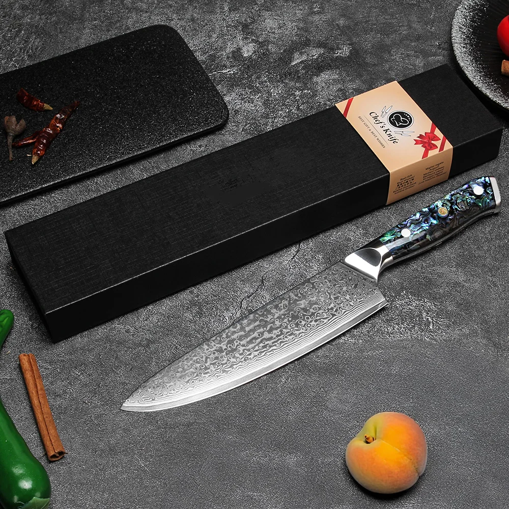 Kochmesser, Damaskus-Messer, professionelles Küchenmesser mit Abalone-Muschelgriff, zum Schneiden von Gemüse, Obst, Fleisch, mit Geschenkbox – Detail 6