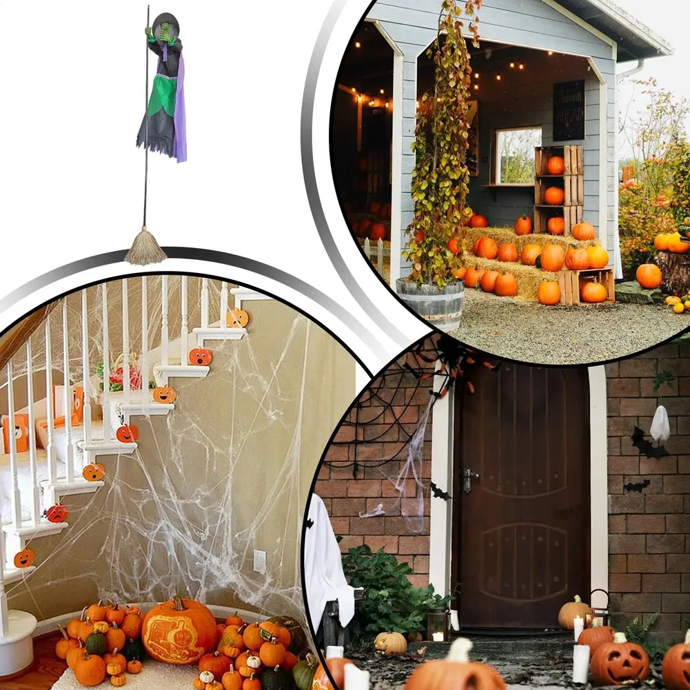 (AA91) Animated Witch Broom 9.84Ft Sound Activation Broom Halloween Animatronic Witch Spooky Home Decor for Holiday Cosplay