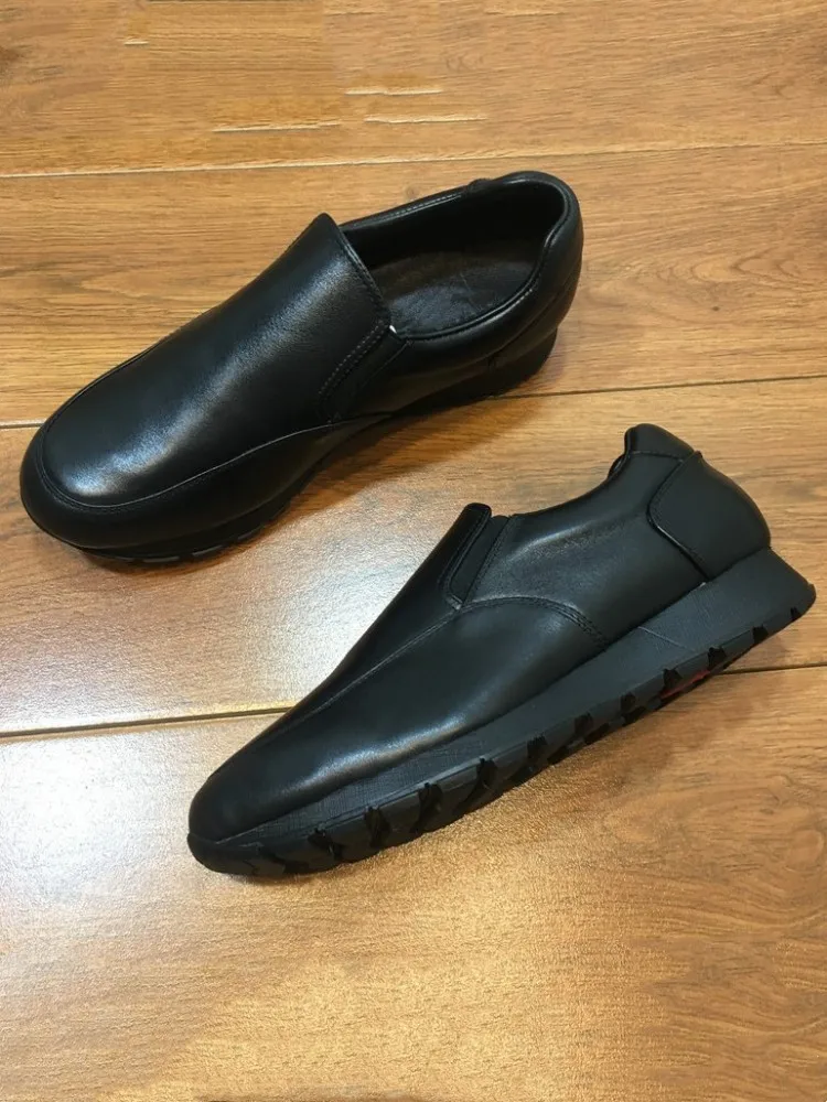 Outdoor Breathable Mens Cowhide Genuine Leather Walking Sport Shoes Spring Autumn Thick Bottom Slip-On Black Loafers Sneakers