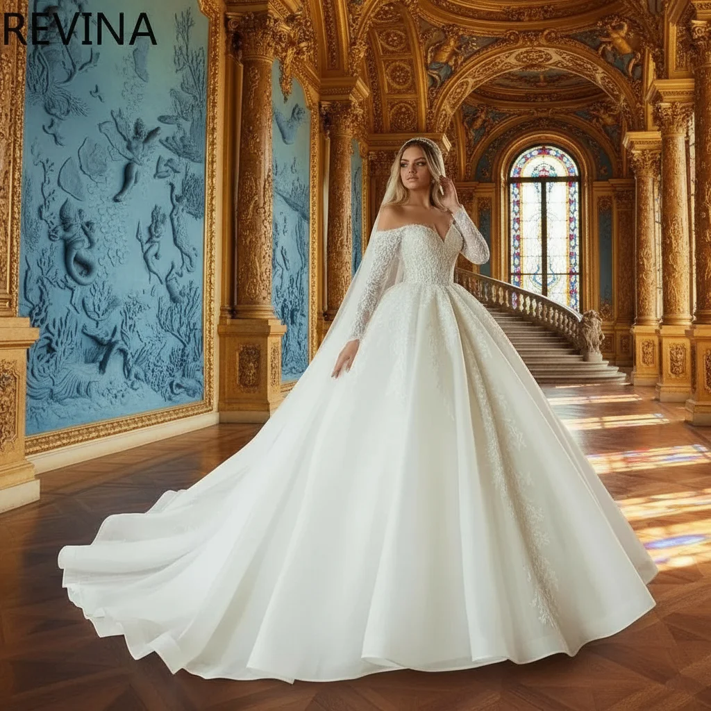 

Luxury Lace Long Sleeved Ball Gown Wedding Dress Sweetheart Off-Shoulder Corset Bridal Dress Customized Vestidos De Novia