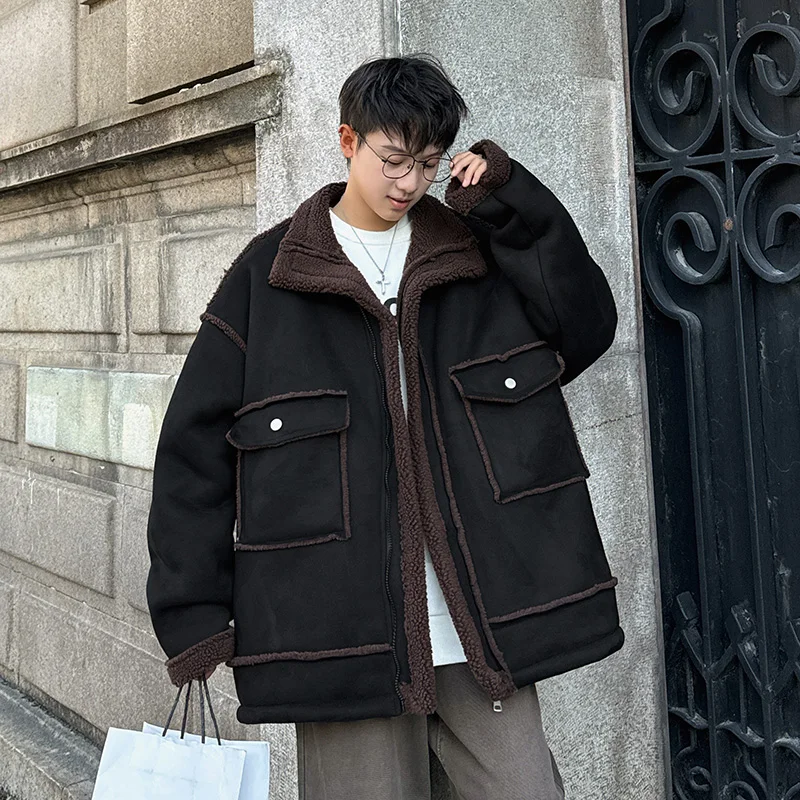 GIOIOMen's Jacket，Winter Fleece-Lined Thickened Warm Turn-Down Collar Three-Dimensional Large Pocket Loose Casual Coat Jacket