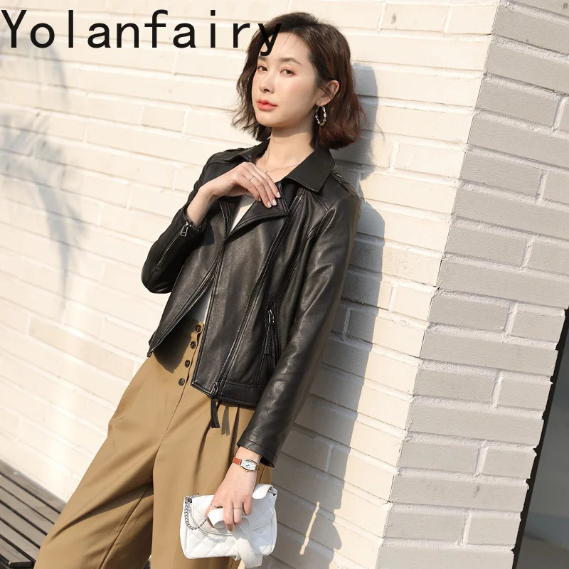 YOLANFAIRY Sheepskin Real Leather Jacket Women Autumn New in Coats Short Motorcycle Jackets Slim Fit Jaqueta De Couro Feminina