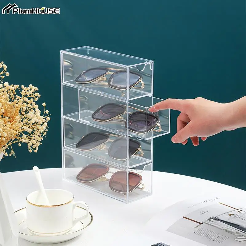 Glasses Storage Box 4 Layers Large Glasses Organizer Box Multifunctional Stackable Acrylic Display Holder Cosmetics Drawer Case