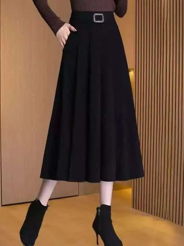 

Spring New plus Size Women's Midi A-Line Skirt Wide Hem Pleated High Waist Korean Sle Commute Casual Polyester Fiber