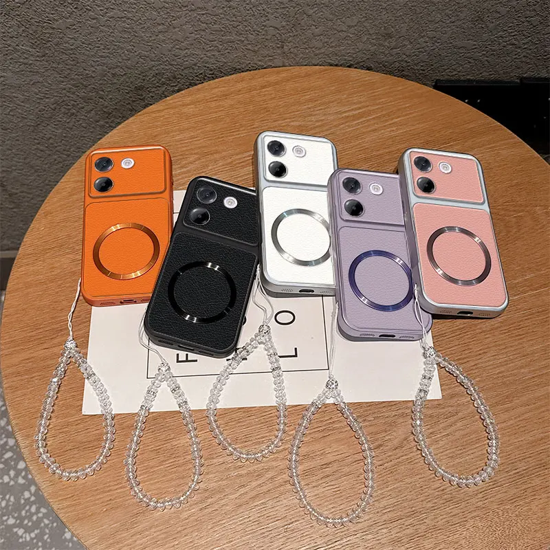 Luxury Vintage PU Lychee Leather with Magnetic Circle Crystal Beaded Strap TPU Phone Case For Poco M7 Pro Plus M7pro Back Cover