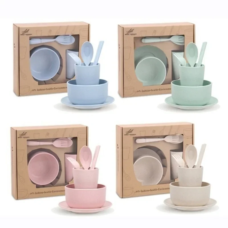 6 Pcs/Set Wheat Straw Baby Tableware Children Food Dishes Bowl Feeding Infant Learning Dinnerware Spoon Chopsticks Fork Cup New