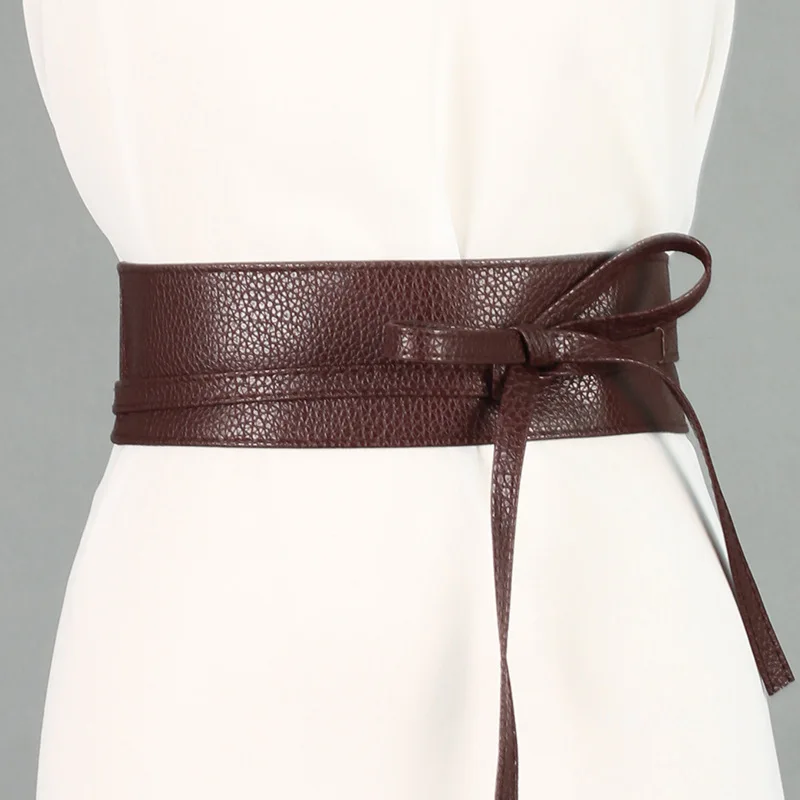 New Designer Spring Autumn Women Belt for Dress Fashion Metallic Color Soft Faux Leather Wide Belt Self Tie Wrap Waist Dress