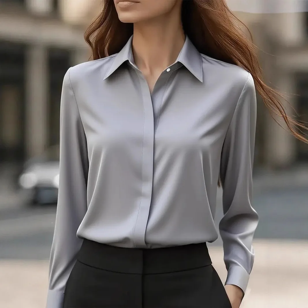 Camisa de manga larga de color sólido para mujer: blusa básica versátil, tops clásicos de oficina