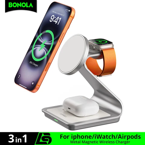 Bonola Carregador Sem Fio Magnético 3 em 1 para iPhone 17/16/15/13/14/12 30W Estação de Carregamento Sem Fio para Apple Watch/AirPods Pro