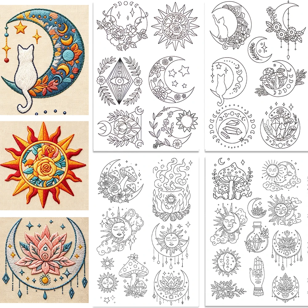 Celestial Sun Moon Cat Stick And Stitch Embroidery Transfer Water Soluble Stabilizer For Handmade Crafts