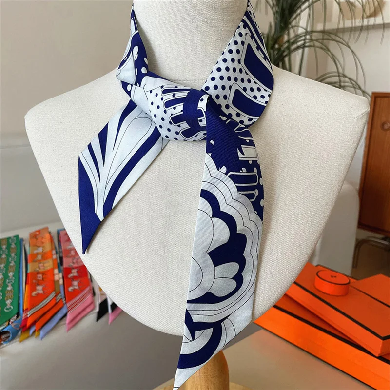 100% Silk High Quality Luxury Brand Goods Scarf Women Headband Foulard Tie Ribbon Neckerchief Skinny Scarves Hair Accessories