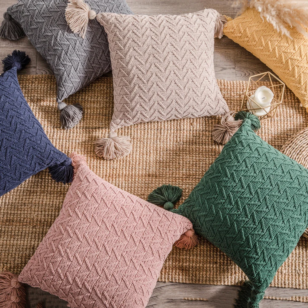 

1Pcs Home Pillow Cover Chenille Knit Nordic Inspired Tassel Design Comfortable Case for Sofa Chair Couch Window Seat Pink