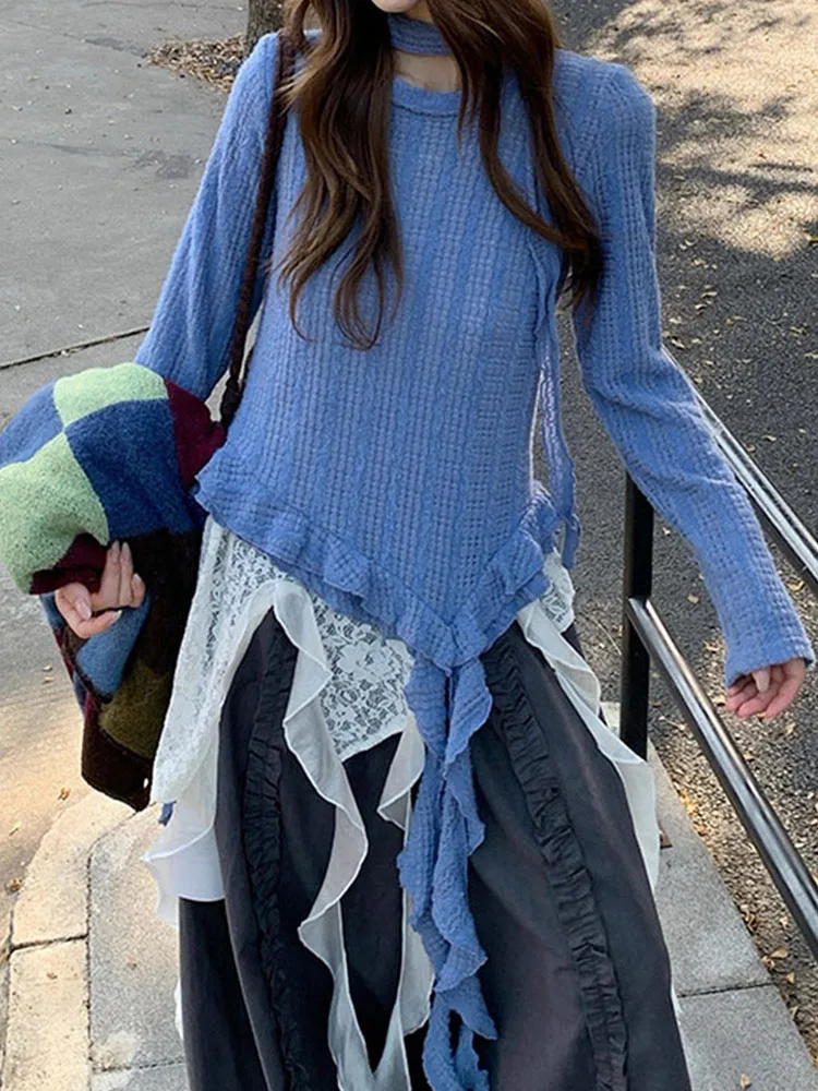 Irregular Plaid Splicing Sweater T-shirt Women's Autumn Winter Layering Lace Cover up Blouse Flounce Belted Top