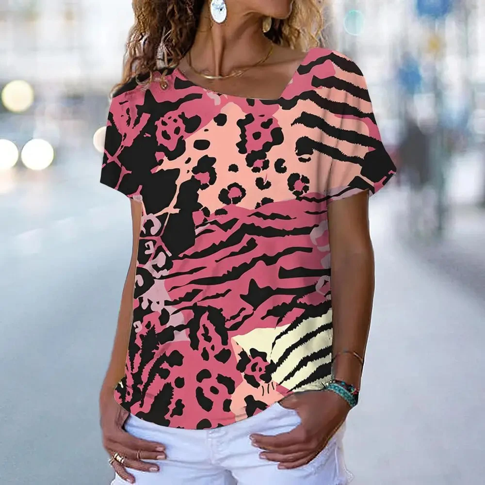 V-Neck T-Shirts For Women 3d Leopard Print Tops Tees Casual Street Femalewear Summer Fashion Oversized T-Shirt Lady Y2k Clothing