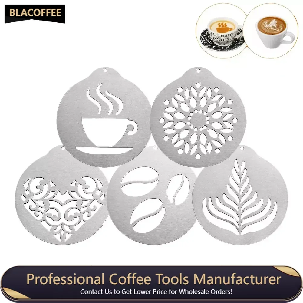 

5Pcs Stainless Steel Coffee Stencil Set Coffee Garland Mould Cake Decorating Tool Cappuccino Arts Templates Coffee Accessories