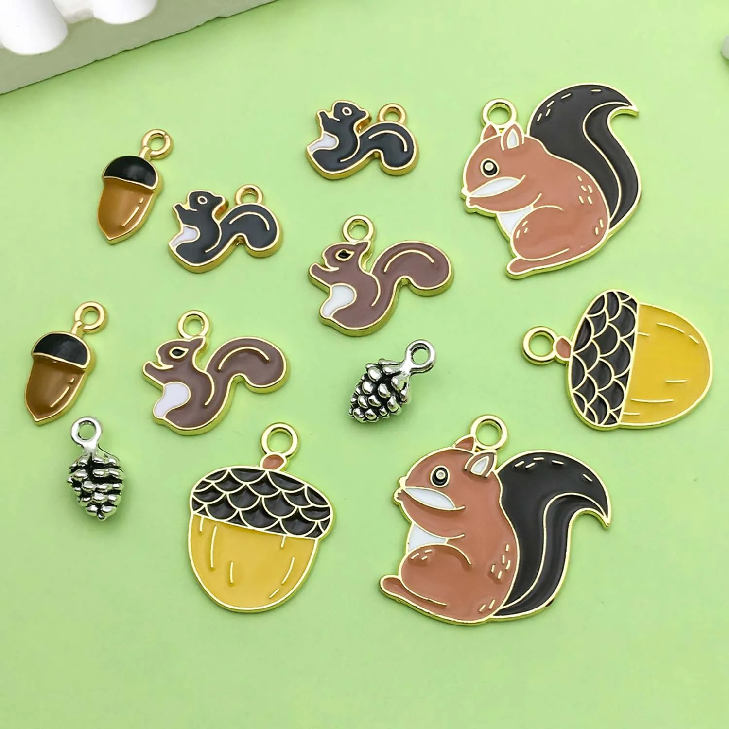 10/12pcs Enamel Squirrel Pine Cone Design Charms Alloy Animal Pendants for DIY Bracelet Necklace Jewelry Making Accessories