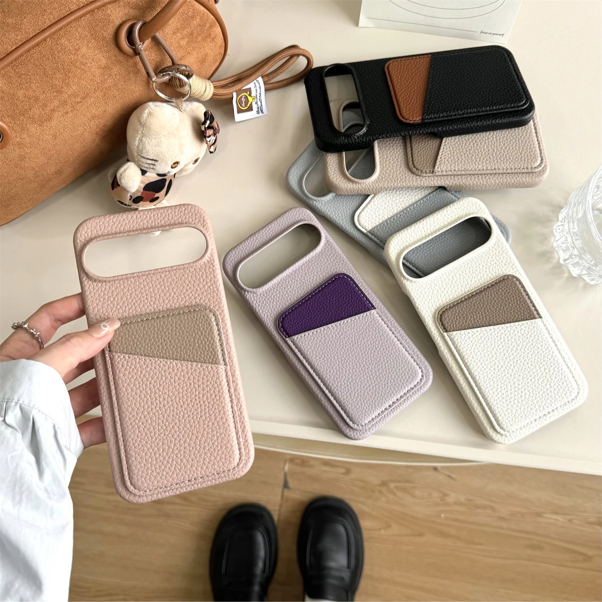 Color Collision PU Leather Card Holder Pocket Slot Case for Google Pixel 6 7 8 9 Pro XL 6A 7A 8A 9A Phone Cover Fundas Cute Pink