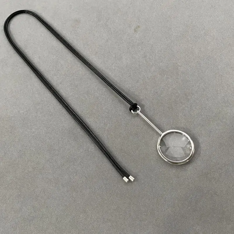For Women Fashion Black Leather String Sweater Chain Jewelry Accessory Creative Fun Magnifier Design Long Pendant Necklace