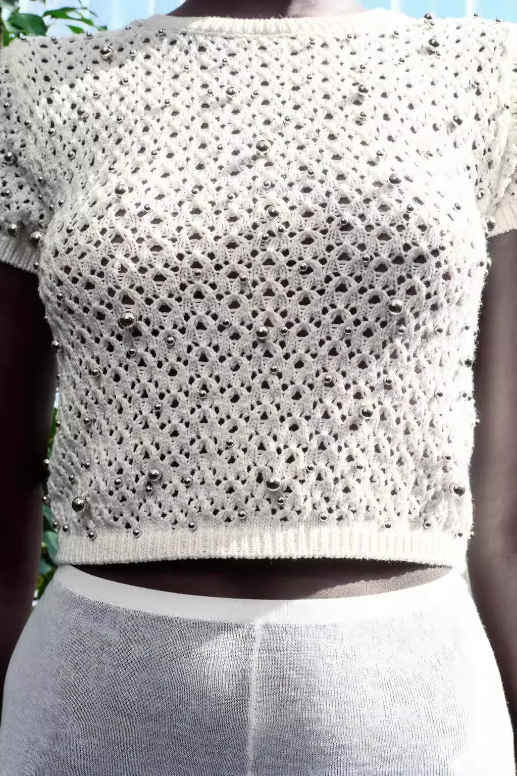 

Summer 2024 New Women's ort Sve Knitted Sweater Artificial Treasure Beads Embellied Slim Fit Sweet Sle Polyester Fiber