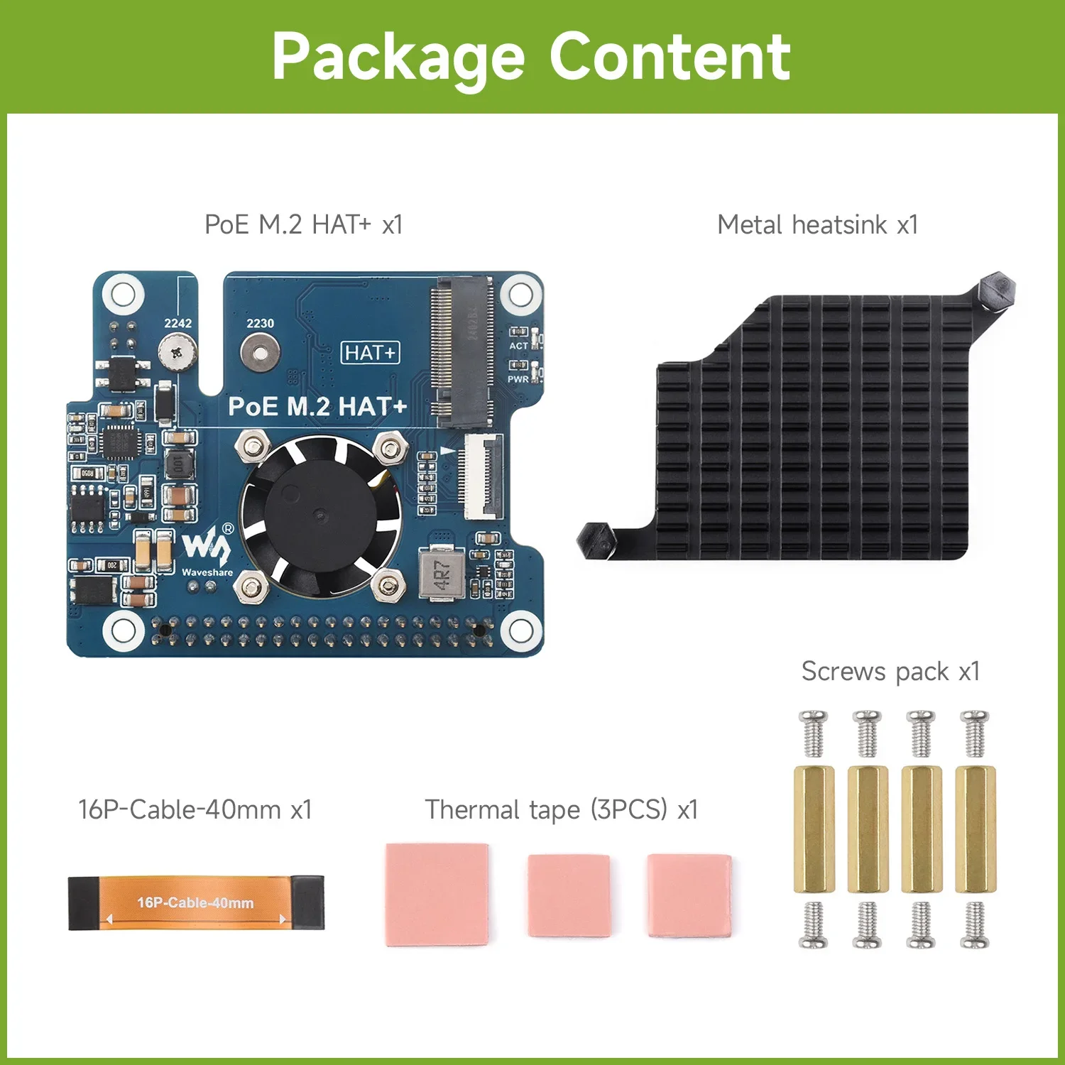 Waveshare PCIe To M.2 Adapter With PoE Function For Raspberry Pi 5, Supports NVMe Protocol M.2 Solid State Drive