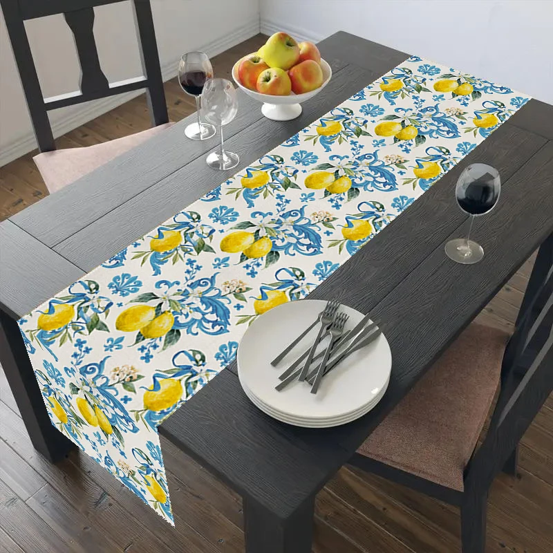 Blue Lemon Iris Floral Table Runner All Seasons Kitchen Table Mat Suitable for Home Holiday Party Scene Decoration Accessories