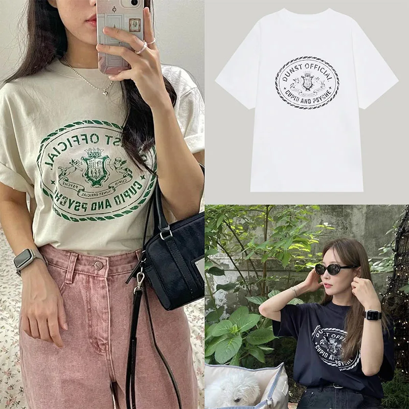 New Summer South Korea Pure Cotton Niche Jinzhixiu Jisoo Same Badge Print Couple\'s Casual Loose Short Sleeve Oversized T-shirt