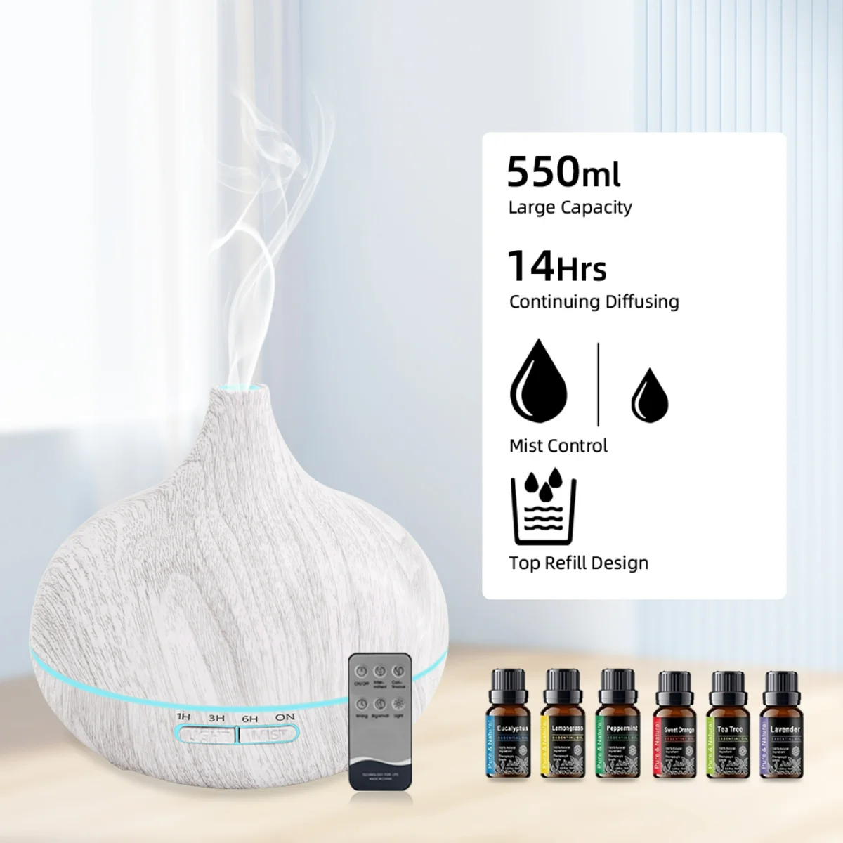 550ml Wood Grain Essential Oil Diffuser  Ultrasonic Humidifier with Remote & 6 Oil Bottles