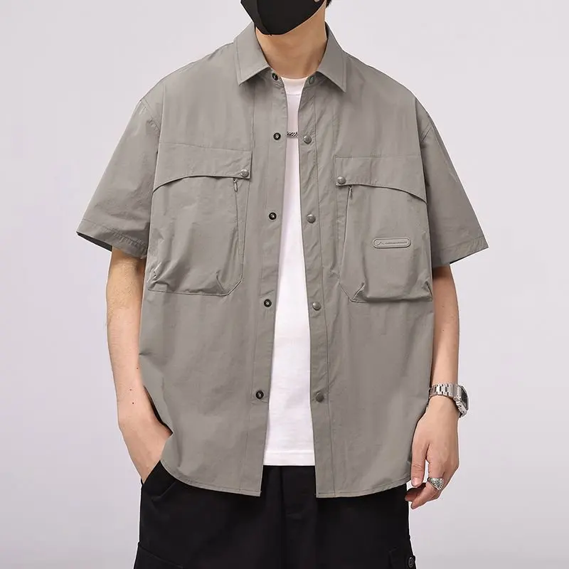 Men's Summer Fashion 3D Large Pocket Quick Dry Loose Casual Short Sleeve Techwear Cargo Shirt Cityboy Oversize Track Blouses