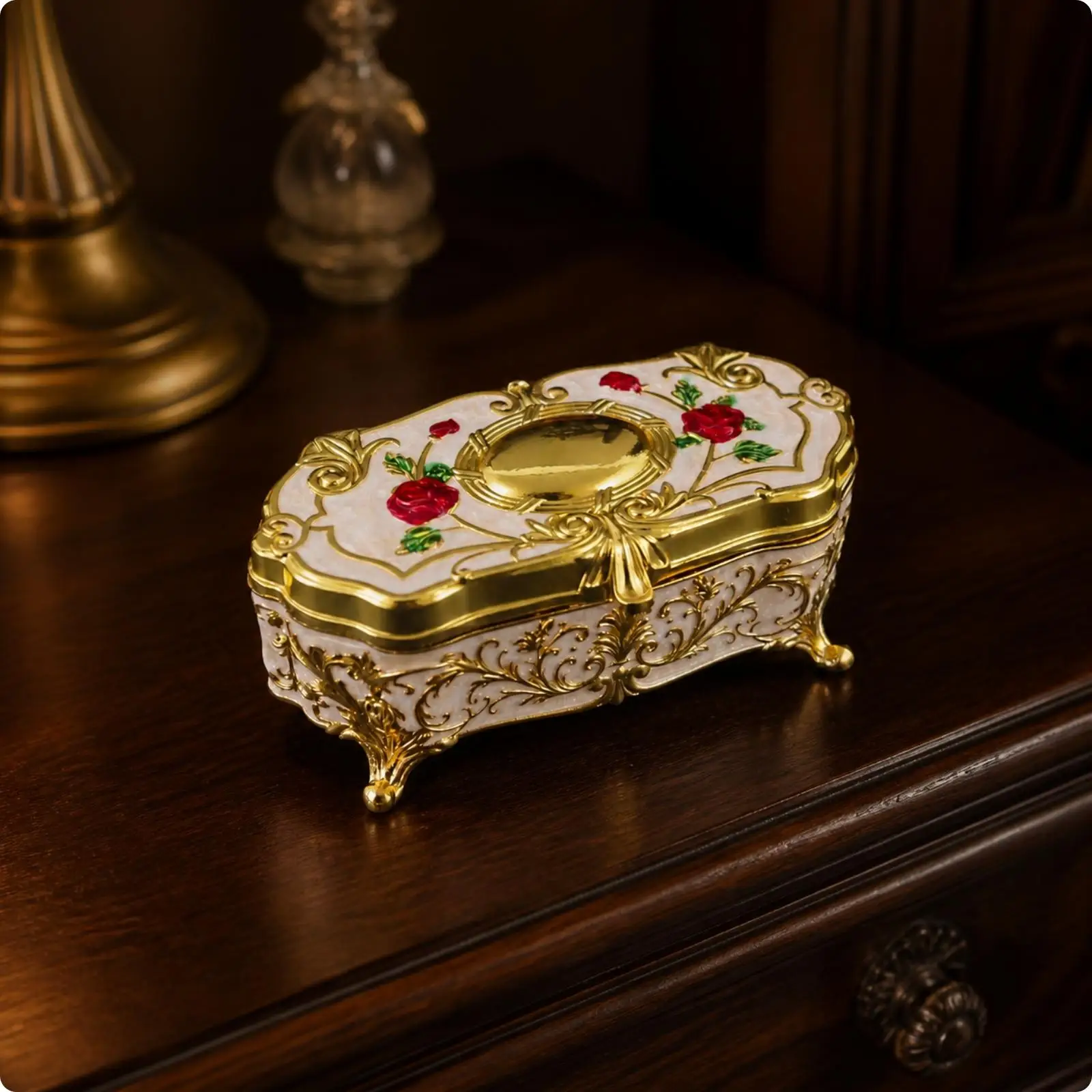 Small Jewelry Storage Box Zinc Alloy Decorative Feet Hinged Lid Organizer for Necklaces Earrings Rings Bedside Table Use